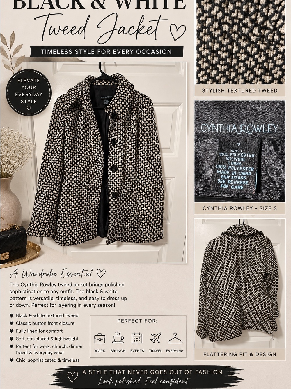 Cynthia Rowley Black & White Tweed Blazer Jacket Size - Small